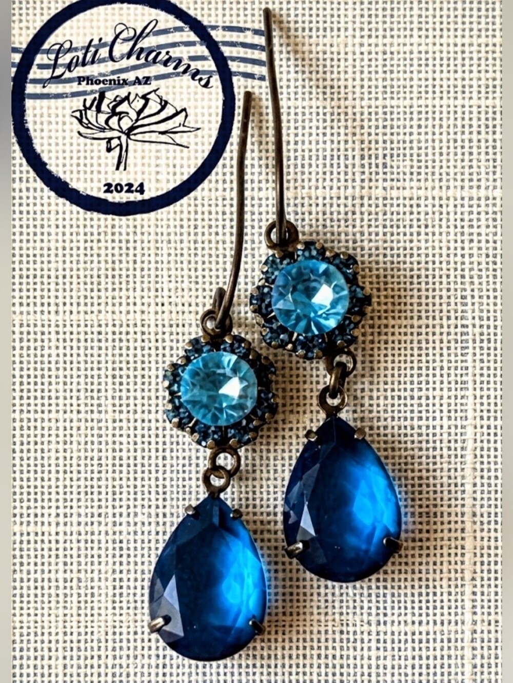 Victorian Etheral Blue Swarovski Elements Flower Crystals In Brass Earrings